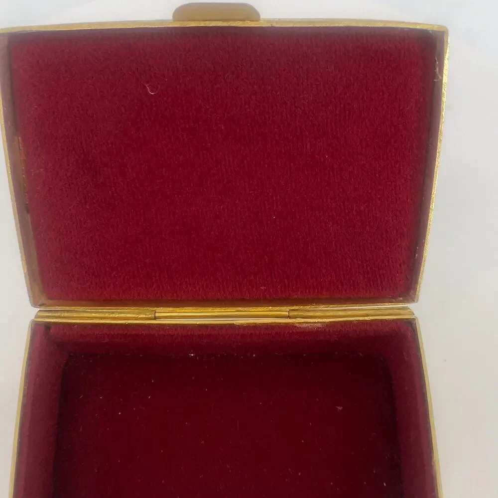 Vintage Austria Jeweled Trinket Box Gold Tone Etched Red Velvet Lined
